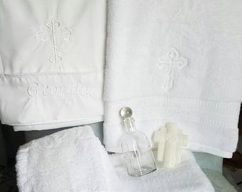 Personalized White Baptism Towels for Greek Orthodox Baptism, Bath Towel, Oil Sheet Embroidered, Soap and Oil Bottle
