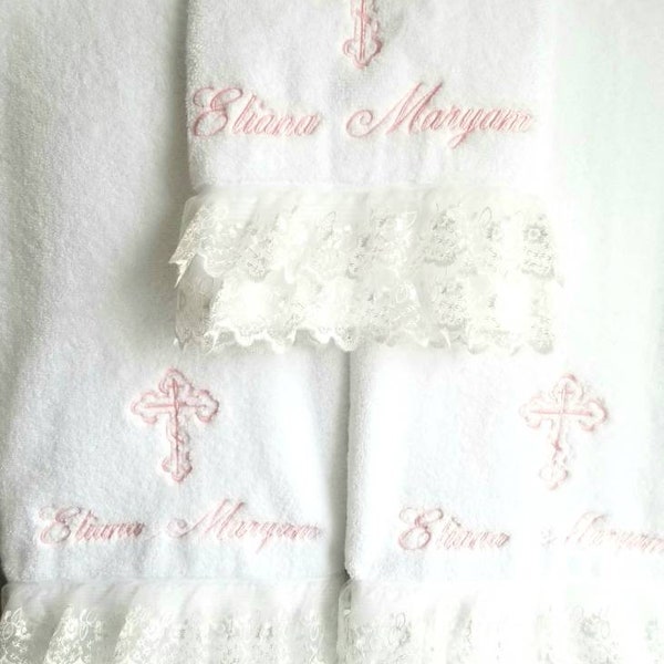 Personalized Baptism Towels and Oil Sheet for Greek Orthodox Baptism, Bath Towel, Embroidered Lace