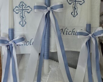 Personalized Greek Orthodox Baptism Towel Set, Embroidered Candles & Oil