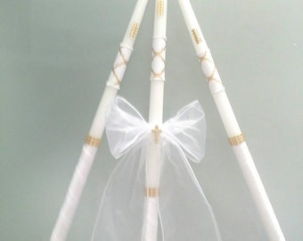 Greek Orthodox Baptism Candles Lambada Christening Gold & White Wedding