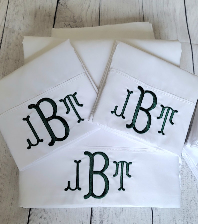 Monogrammed White Sheet Set Custom Embroidery Fishtail Font Bedding Queen, Twin, Full, King,California King image 3