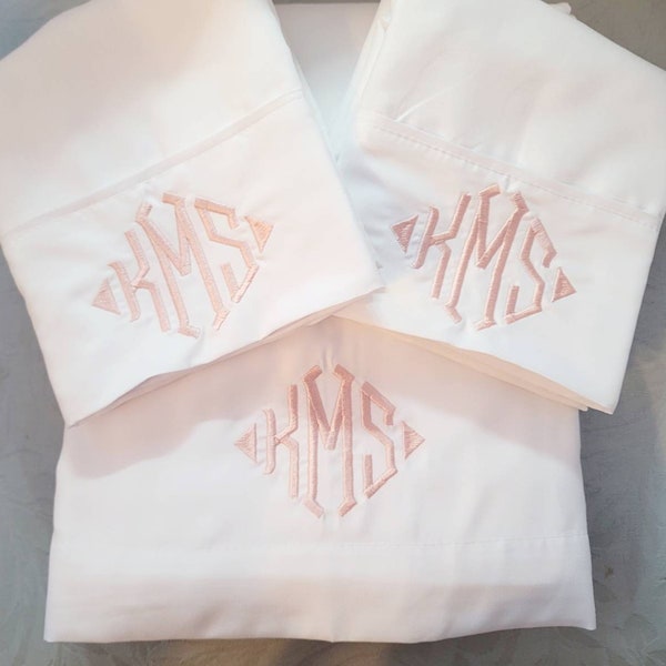 Monogrammed Sheets Custom Embroidery, White Monogram Bedding Queen Twin Full King