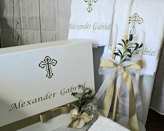 Personalized Baptism Towels, Candles and Oil Sheet for Greek Orthodox Baptism, Bath Towel, Embroidered, Soap, Oil Bottle, Box Olive Gold Set