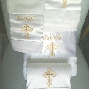 Personalized Baptism Towels and Oil Sheet for Greek Orthodox Baptism, Bath Towel, Embroidered Gold