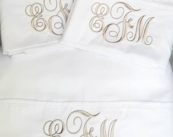 Monogrammed White Sheet Set Custom Embroidery Monogrammed Bedding Queen Twin Full King silver