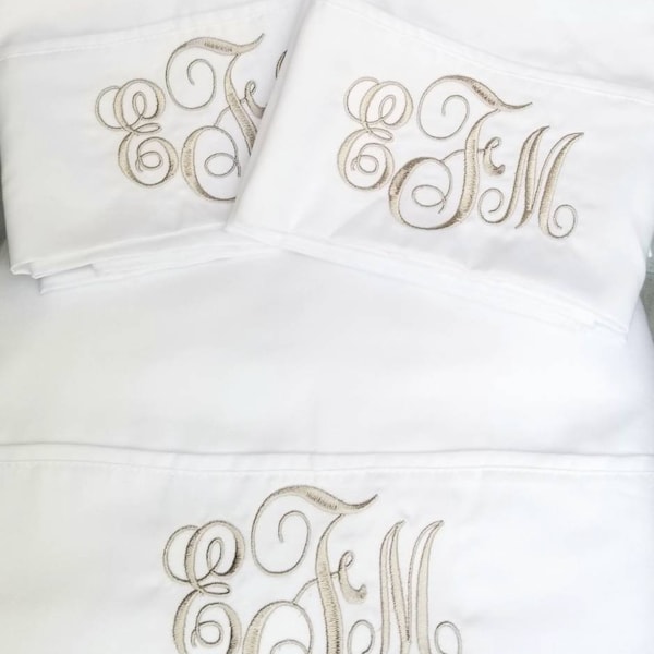 100% Cotton Monogrammed White Sheet Set Custom Embroidery Monogrammed Bedding Queen Twin Full King silver