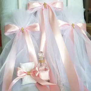 Greek Orthodox Baptism Candles Lambada Christening Pink & White Girl with Decorated Oil and Soap