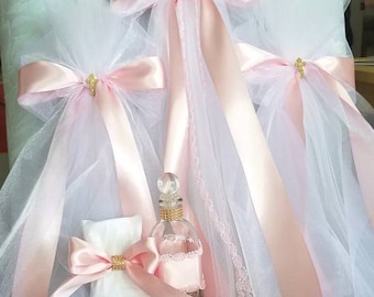 Greek Orthodox Baptism Candles Lambada Christening Pink & White with Decorated Oil and Soap and embroidered towel and sheet