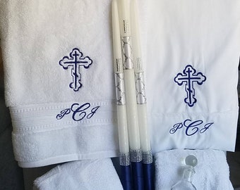 Add Bow to Candle, Baptism Towels, Candles and Oil Sheet for Greek Orthodox Baptism, Bath Towel, Embroidered, Soap and Oil Bottle Monogram