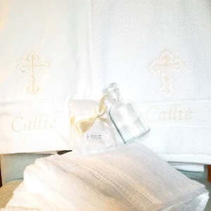 Personalized Baptism Towel and Oil Sheet for Greek Orthodox Baptism, Bath Towel, Embroidered, Soap and Oil Bottle