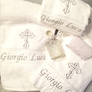 Personalized White Baptism Towel and Oil Sheet for Greek Orthodox Baptism, Bath Towel, Embroidered, Soap and Oil Bottle