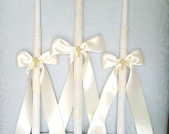 Greek Orthodox Baptism Candles Lambada Christening Ivory and Lace Wedding