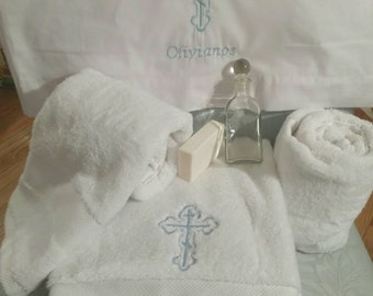 Personalized Baptism Towel and Oil Sheet for Greek Orthodox Baptism, Bath Towel, Embroidered, Soap and Oil Bottle