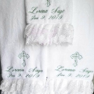 Personalized Baptism Towels and Oil Sheet for Greek Orthodox Baptism, Bath Towel, Embroidered with Lace