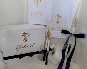 Personalized Baptism Towels, Candles and Oil Sheet for Greek Orthodox Baptism, Bath Towel, Embroidered, Soap and Oil Bottle, Box, Navy, Gold