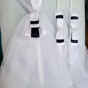 Greek Orthodox Baptism Candles Lambada Christening Navy Blue & White Baby Boy Set with Tulle