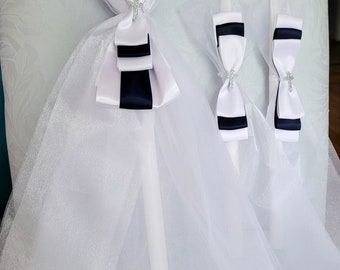 Greek Orthodox Baptism Candles Lambada Christening Navy Blue & White Baby Boy Set with Tulle