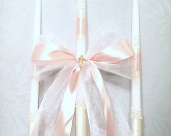 Greek Orthodox Baptism Candles Lambada Christening Gold, Pink, White, Ivory