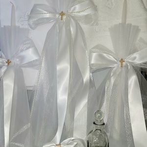 Greek Orthodox Baptism Candle set Lambada Christening White Gold and Pearl with Decorated Oil and Soap and embroidered towel and Oil sheet