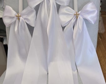 Greek Orthodox Baptism Wedding Candles Lambada Christening Satin White and Gold Cross