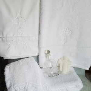 Special Listing White Baptism Towel and Oil Sheet for Greek Orthodox Embroidered. No oil bottle, soap or hand towels