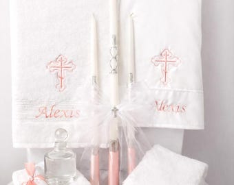 Embroidered Orthodox Baptism Towel Set Pink: Candles, Oil Sheet, Bottle, Soap, Towels