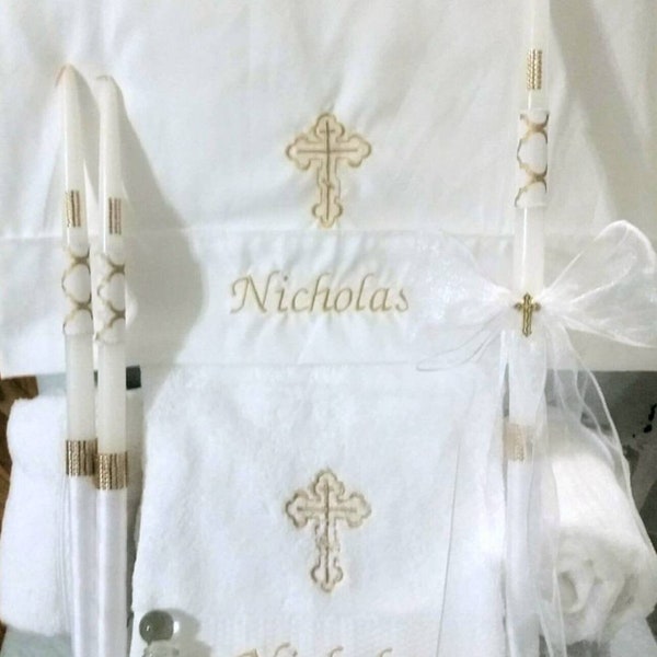 Special listing- personalized Baptism Towels, Candles and Oil Sheet for Greek Orthodox Baptism, Bath Towel, Embroidered, Soap and Oil Bottle