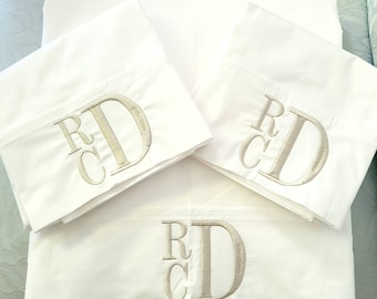 Monogrammed White Sheet Set Custom Embroidery Monogrammed Bedding Queen Twin Full King silver Stacked Monogram