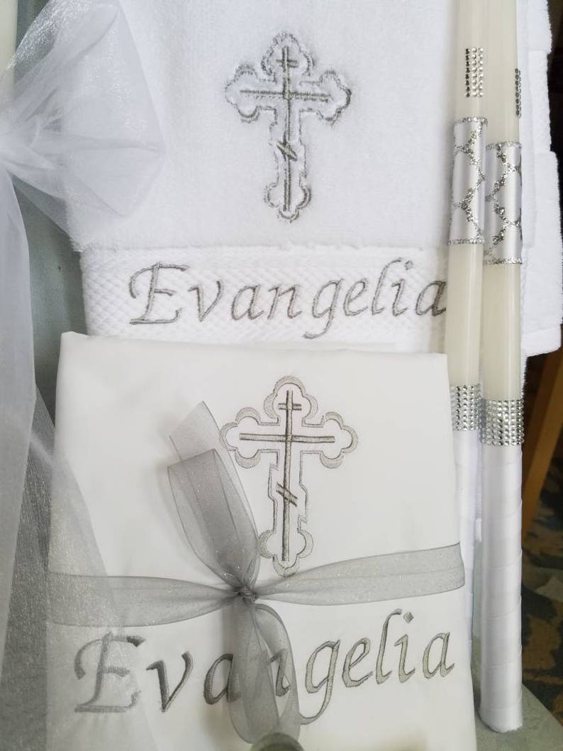 Baptism Towels, Candles, Oil Sheet for Greek Orthodox Baptism, Bath Towel, Embroidered, Soap, Oil Bottle image 2