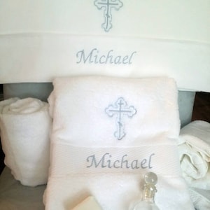 Personalized Baptism Towel and Oil Sheet for Greek Orthodox Baptism, Bath Towel, Embroidered, Soap and Oil Bottle