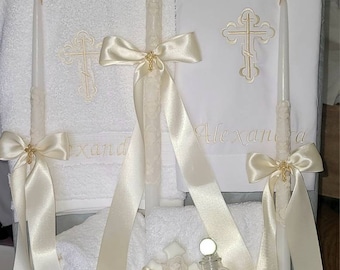 Personalized Baptism Towels, Candles and Sheet for Greek Orthodox Baptism, Bath Towel, Embroidered, Soap and Oil Bottle.