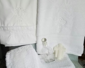 White Baptism Towels for Greek Orthodox Baptism, Bath Towel, Embroidered, Soap and Oil Bottle