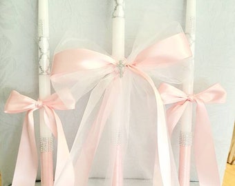 Greek Orthodox Baptism Candle Lambada Christening Pink & White Girls