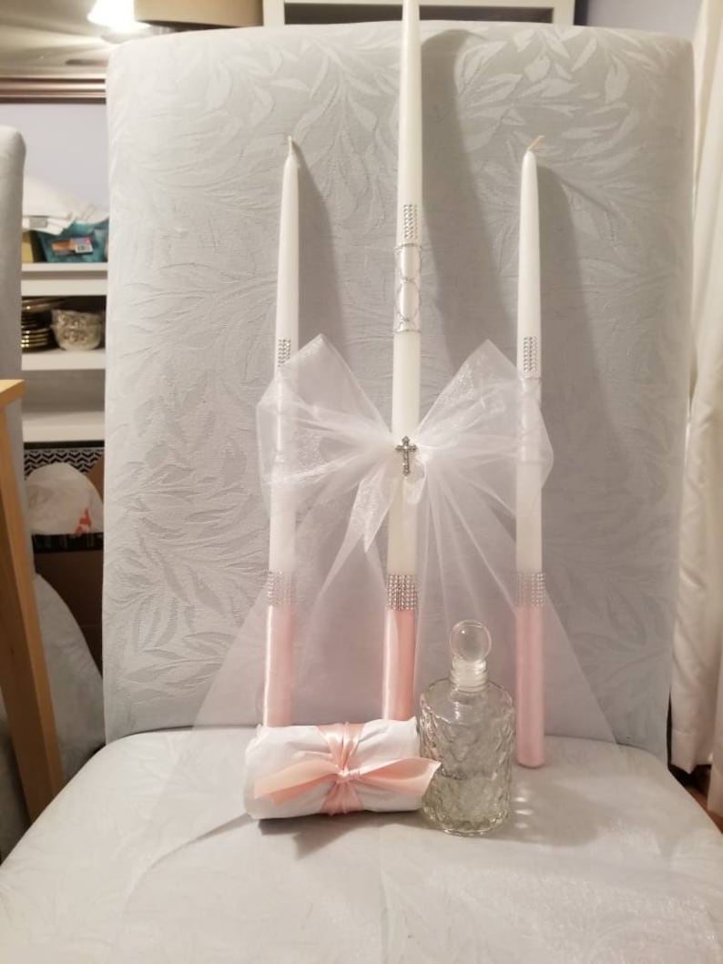 Pink Personalized Baptism Towels Candles and Oil Sheet for Etsy