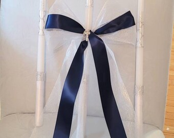 Greek Orthodox Baptism Wedding Candles Lambada Christening Navy, Silver & White