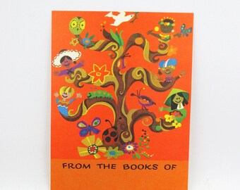Vintage Tree of Knowledge Bookplates: 1960s Mod Graphics, Set of 5
