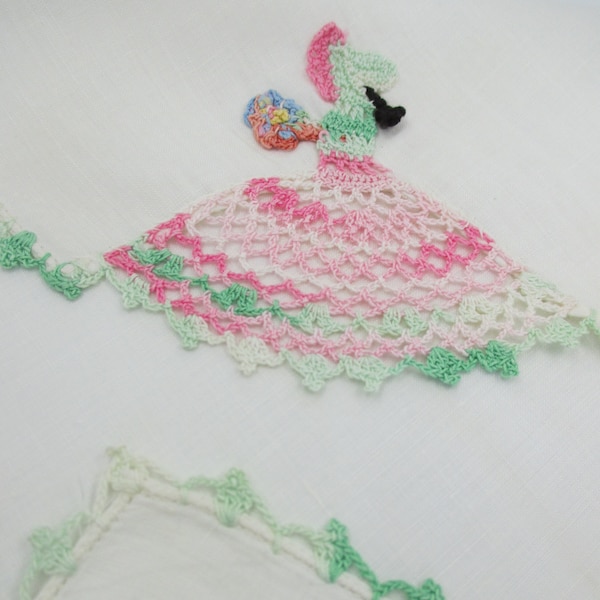 Vintage Mid Century Crochet & Embroidered Hanky - Lady with Bonnet and Bouquet - Southern Belle Handkerchief - Pink and Green Crochet Hanky