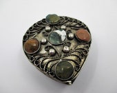 Small Filigree Trinket Box - Topped with Polished Stones - Teardrop Shape - Hinged Lid - Wire Work Box - Vanity Table Decor - Jewelry Box