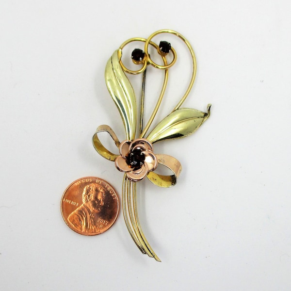 Vintage Floral Spray Brooch with Red Stones- Tricolor Gold Tone "Vermeil Style" Brooch - Harry Iskin Style Brooch