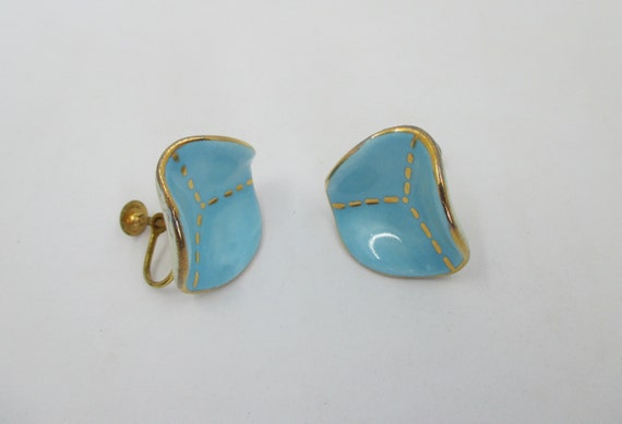 Vintage Ceramic MCM Earrings - 1960's Aqua & Gold… - image 2