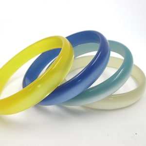 4 Vintage Lucite Moonglow Stack Bracelets - Moonglow Bangle Bracelet - Mid Century White, Yellow, Blue & Seafoam Stackable Bracelets