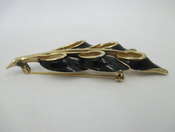 Vintage Signed Kramer Leaf Brooch - Black Enamele… - image 5