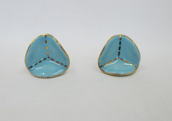 Vintage Ceramic MCM Earrings - 1960's Aqua & Gold… - image 1