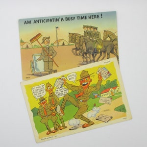 UNUSED Vintage Funny Army Postcards - Pair Linen Postcards - Tichnor Bros - Comic US Army Base - WW2 Humorous Postcard - Military Humor
