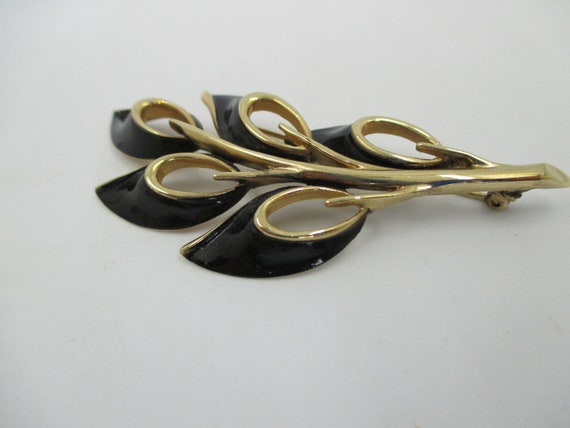 Vintage Signed Kramer Leaf Brooch - Black Enamele… - image 2