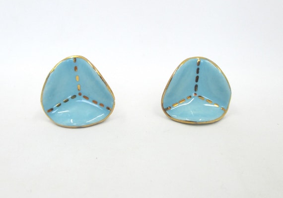 Vintage Ceramic MCM Earrings - 1960's Aqua & Gold Handmade Earrings - Milvern Style Fired Ceramic Earrings - Mid Century Turquoise Earrings