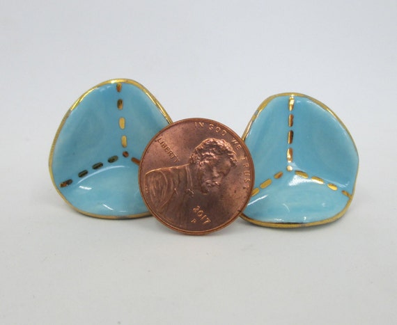 Vintage Ceramic MCM Earrings - 1960's Aqua & Gold… - image 6