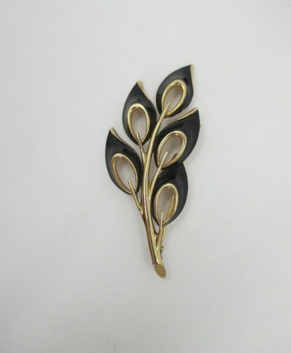 Vintage Signed Kramer Leaf Brooch - Black Enamele… - image 1