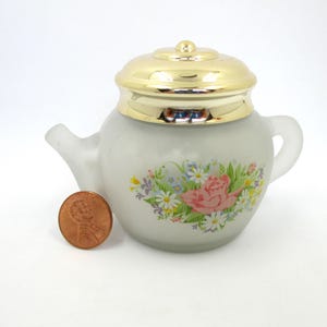 Vintage Avon &quot;Roses, Roses&quot; Teapot - 1970&#39;s Powder Sachet - Floral Accented Bottle - Frosted Glass Teapot - Drawer Fragrance - Almost Full
