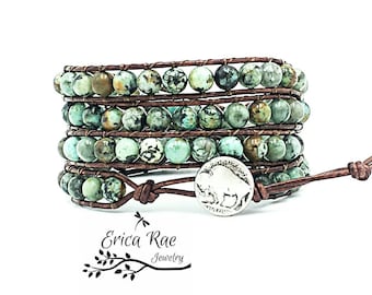 african turquoise leather wrap bracelet, beaded wrap bracelet, leather bracelet, gemstone leather wrap bracelet, buffalo nickel, boho wrap